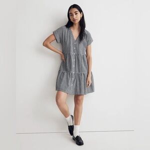 Madewell Cuff-Sleeve Button-Front Tiered Mini Dress in Gingham Check Deep Indigo